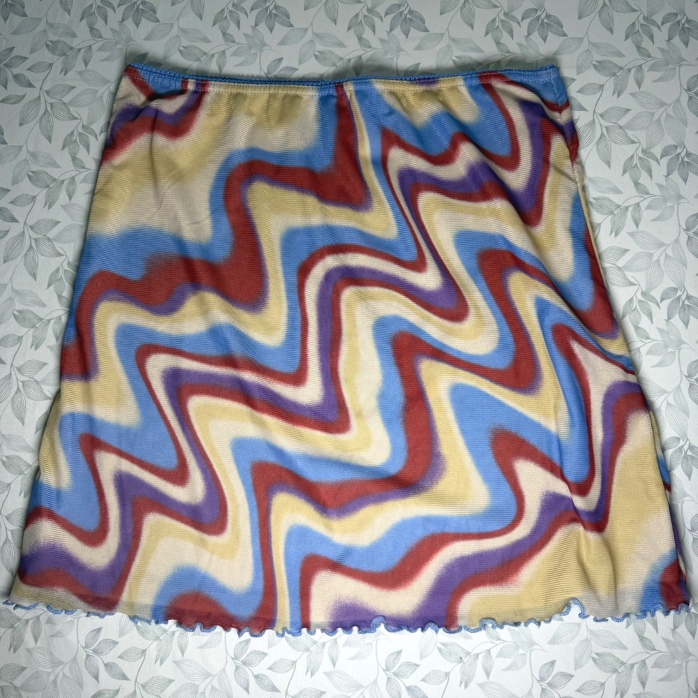 Urban Outfitters Psychedelic Mesh Mini Skirt Blue Red Wavy Print Medium Y2K‎